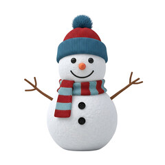 Cheerful snowman with red and blue hat and scarf on black background