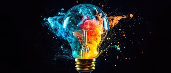 Colorful explosion inside a light bulb against black background