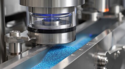 Industrial machine operates on a conveyor belt at a manufacturing facility in the afternoon