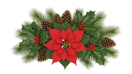 Christmas Decoration Arrangement with Poinsettia Holly Pine Cones and Evergreen Branches