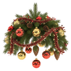 Christmas decoration with ornaments pine cones and garland on transparent background