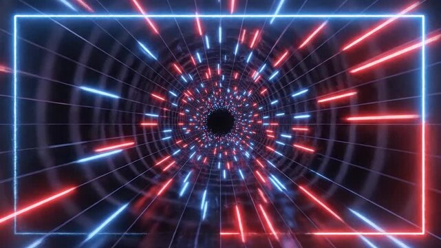 Looping 3D animation an abstract tunnel-like time portal background with neon lines and light effects.