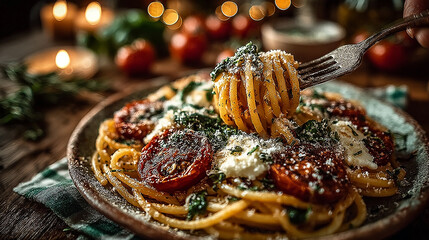 Steaming pasta with parmesan cheese and herbs.