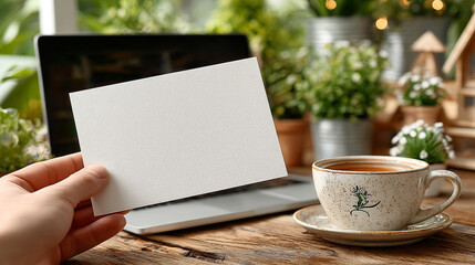 Blank greeting card mockup with flowers and tea.