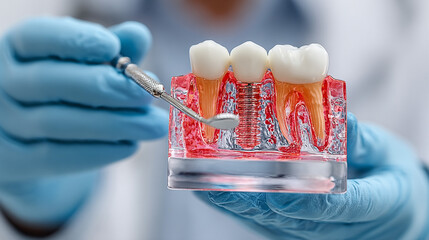 Dentist holding dental model with tool for oral care.