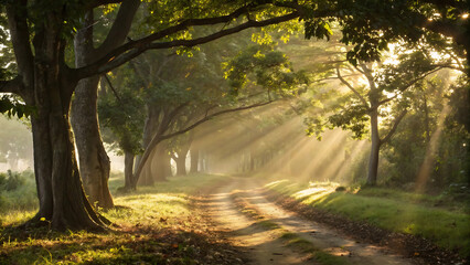 Sunlight beams through trees on a country road