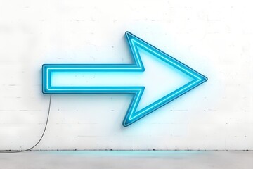 Bright blue neon arrow sign glows against a textured white brick wall indicating direction and progress