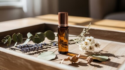 A small amber glass roller bottle surrounded by dried lavender, eucalyptus, and white flowers on a wooden tray, bathed in natural light.