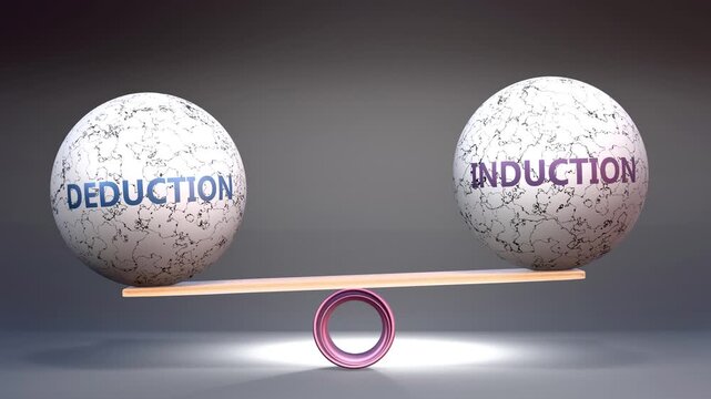 Deduction and induction in balance - balancing stones on a scale symbolizing harmony, equity and equilibrium between deduction and induction. Harmonious and beneficial situation.