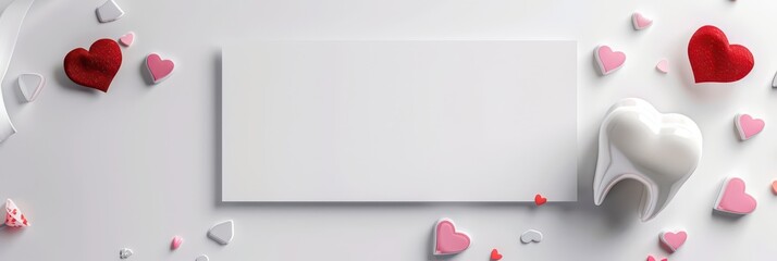 Dental theme valentines day mockup with heart decorations for romantic design. Flat lay. Template for dentist office, stomatology, dental surgery. Horizontal banner. Copy space. Top view