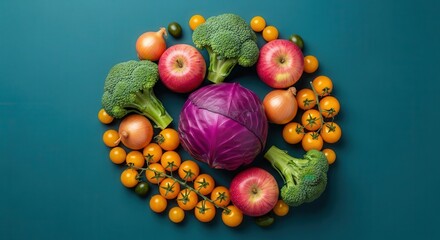 A vibrant circular arrangement of fresh vegetables and colorful fruits, showcasing a healthy assortment of produce for nourishing meals.