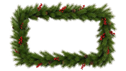 Christmas Holiday Frame of Green Pine Branches with Red Berries and Cones