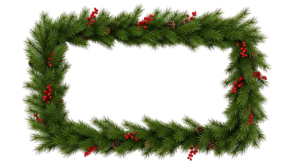 Christmas Holiday Frame of Green Pine Branches with Red Berries and Cones