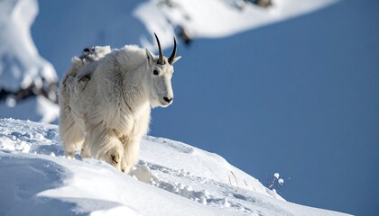 A majestic white mountain goat, with long horns, traversing a snow-covered mountain slope