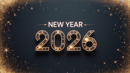 New year 2026 celebration greeting card design with glowing marquee numbers and sparkling golden border on a dark background, perfect for festive holiday announcements and seasonal events