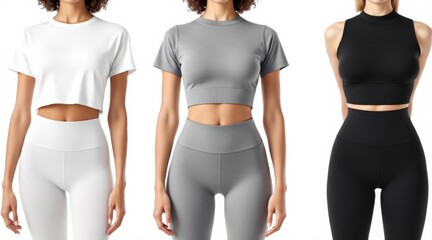 Yoga apparel set in white, grey, and black isolated on white background