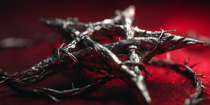 A thorny crown forms a pentagram on crimson fabric dark, symbolic imagery merging religious, occult, and sacrificial themes with dramatic lighting.