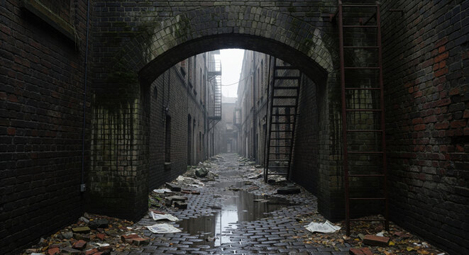 Dark and mysterious ancient stone alleyway with an arched entrance leading to a bright distant light