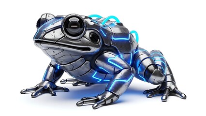 Detailed digital rendering of a futuristic robotic frog with glowing neon accents