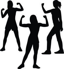 Strong confident women silhouettes flexing muscles, symbolizing empowerment, fitness, determination, motivation, and healthy active lifestyle for inspirational concepts.