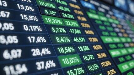 Stock market data screen displaying percentage growth and financial numbers in green and white text, highlighting digital trading activity and positive market trends for finance analysis - Powered by Adobe