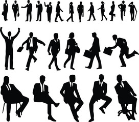 Silhouettes of business professionals walking, running, celebrating, and sitting in various poses, representing office life, corporate activity, teamwork, and success.