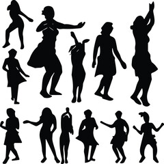 Silhouettes of women and girls dancing in energetic poses, expressing joy, movement, celebration, rhythm, creativity, and lively artistic motion for design use.