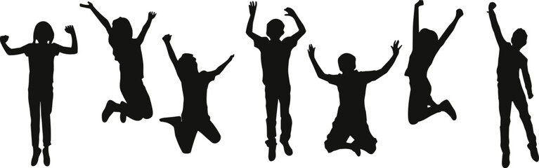 Silhouettes of children jumping and celebrating in energetic poses, symbolizing joy, freedom, youth, playfulness, active lifestyle, and happy childhood moments.