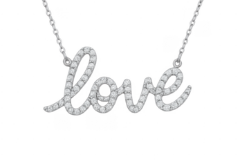 Silver love necklace pendant with diamonds hanging