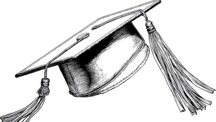 Elegant Graduation Cap Illustration - A Detailed Black and White Drawing.