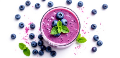 Blueberry smoothie with fresh blueberries and mint leaves on white background