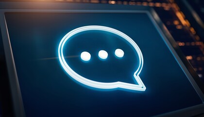 Glowing Chat Bubble Icon on Digital Screen Representing Communication and Technology.