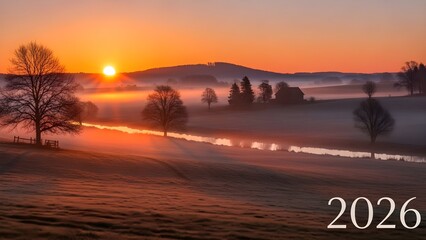 Winter sunrise over frosty landscape with trees and stream