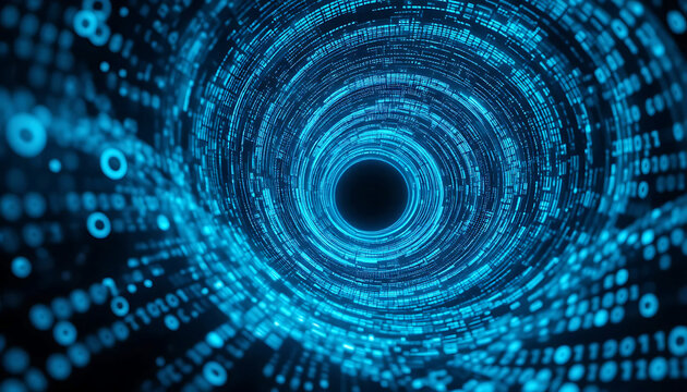 A glowing tunnel of binary code spirals into darkness&mdash;evoking cyberspace, data flow, and digital transformation.