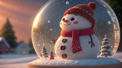 Charming snowman in a snow globe with festive winter scene