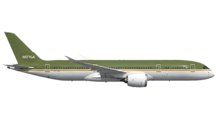 Green boeing 787 dreamliner side view passenger airplane isolated on transparent background