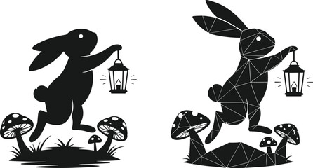 Black and white rabbit silhouettes in a cute cartoon vector illustration design