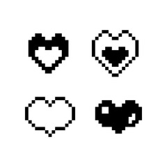 Pixel-art heart icon set, retro 8-bit graphics for UI elements, games, stickers, emojis, and digital love-themed designs.
