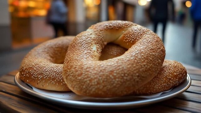 Delicious sesame bagels on a plate, urban bakery scene, perfect for breakfast or a snack, food