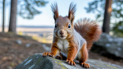 Curious red squirrel with fluffy ears standing on mossy rock in forest