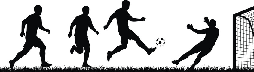 Silhouette soccer players in action, dynamic goal attempt, goalkeeper dive, teamwork motion, sports field, competitive match, black and white illustration