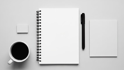 Minimalist desk setup with coffee notebook and pen