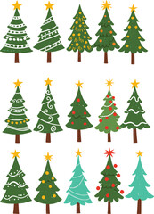 Set of twelve decorated Christmas trees, festive holiday season design, colorful ornaments and stars, winter celebration symbols, decorative pine tree illustration
