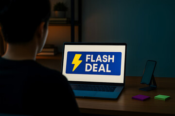 Person viewing Flash Deal on laptop screen at night, online shopping concept