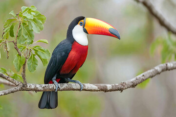 Fototapeta premium Colorful toucan perched on tropical branch in lush green environment Generative AI