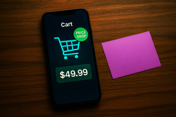 Smartphone Screen with Shopping Cart and Price Drop Notification Next to Blank Purple Note