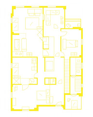 Modern architectural house floor plan with detailed rooms, furniture layout and interior arrangement in clean yellow outline style – cad drawing flat vector illustration