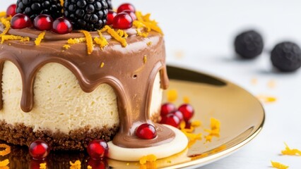 Mini chocolate cheesecake with rich chocolate ganache drip, topped with blackberries and pomegranate seeds on a gold plate