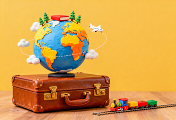Whimsical clay animation of global travel: airplane ticket inserted into a vibrant blue and yellow globe resting on a vintage suitcase, symbolizing worldwide adventures by air and train