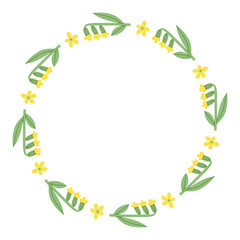 Primrose Flower Wreath. Minimal hand drawn Botanical Circle Frame with cute yellow blossoms and leaves. Naive Cut out Garden Round Border. Vector illustration